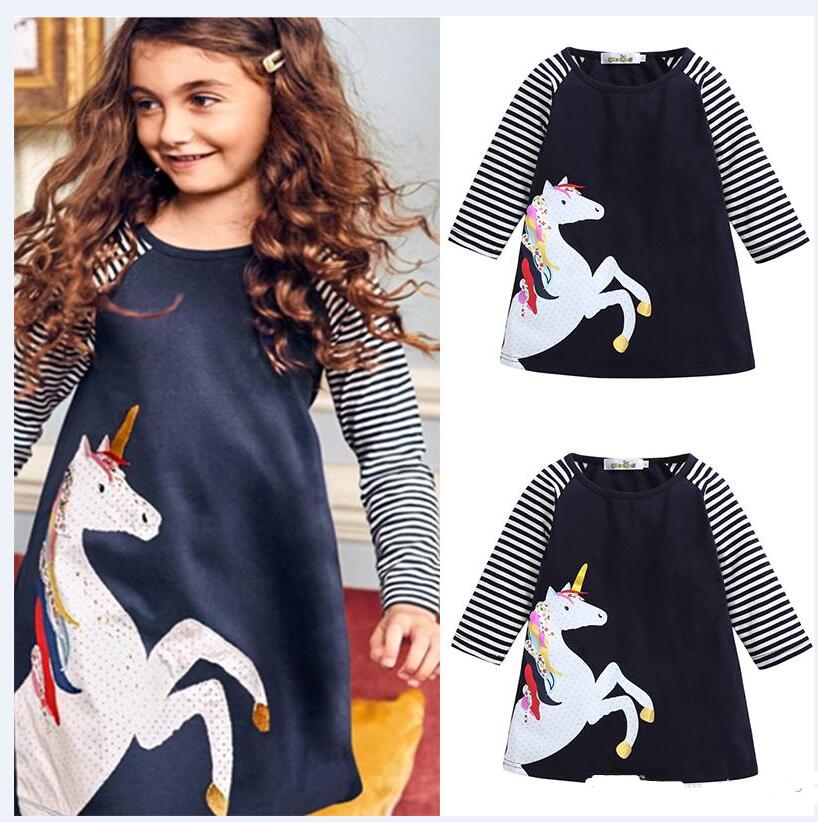 Baby Girls A-line Dresses Navy White Striped Patchwork Colorful Horse Unicorn Dots Printed Long Sleeve Spring Autumn Girl Designer Clothes